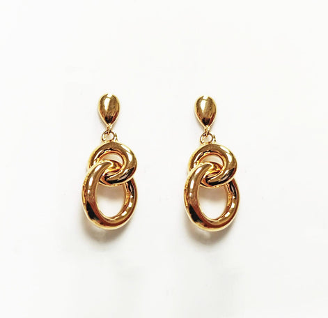 Double gold hoop earrings • Modern 18K gold-plated drop earrings • Interlocking hoops