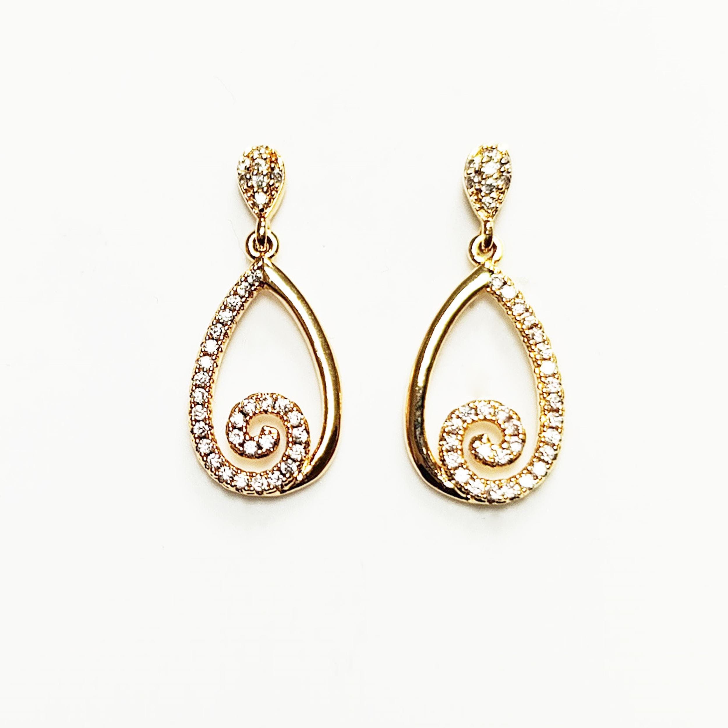 Gold Spiral Teardrop Earrings by KRAMIKE • Luxe Diamond Cz Detailing • Perfect for Glam Nights Out or Bridal Jewelry • Elegant Gift for Her