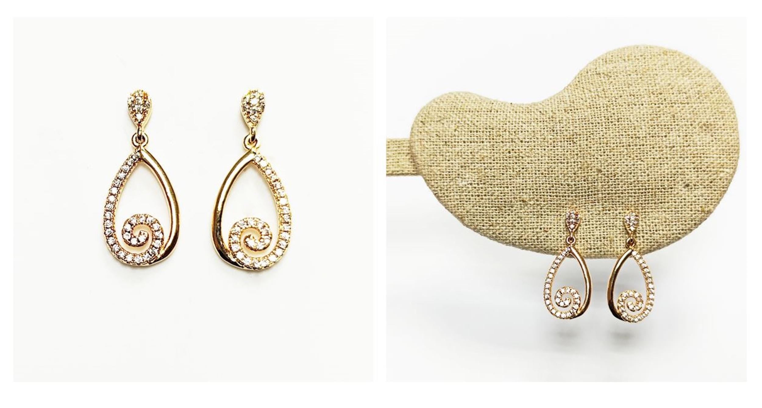 Gold Spiral Teardrop Earrings by KRAMIKE • Luxe Diamond Cz Detailing • Perfect for Glam Nights Out or Bridal Jewelry • Elegant Gift for Her