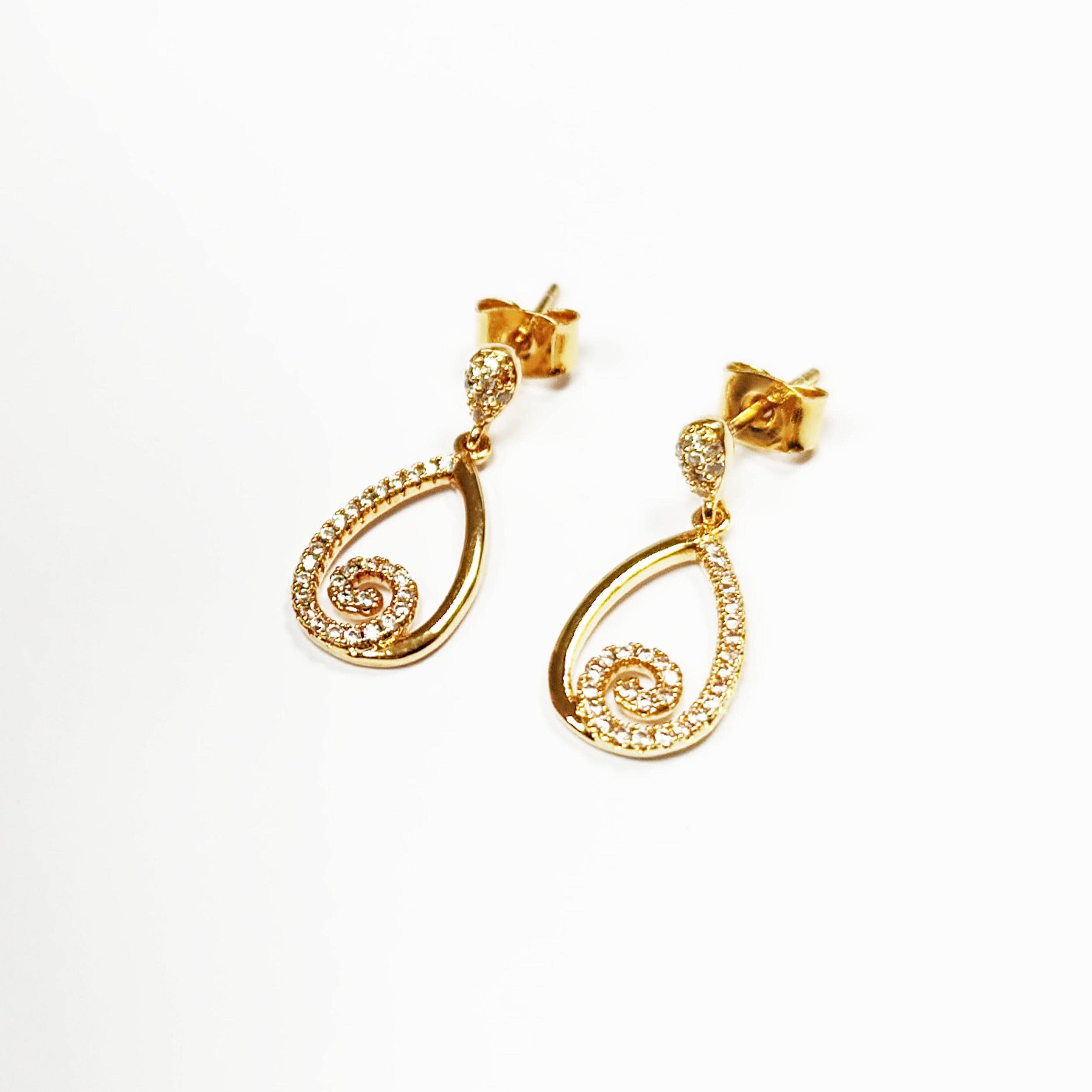 Gold Spiral Teardrop Earrings by KRAMIKE • Luxe Diamond Cz Detailing • Perfect for Glam Nights Out or Bridal Jewelry • Elegant Gift for Her