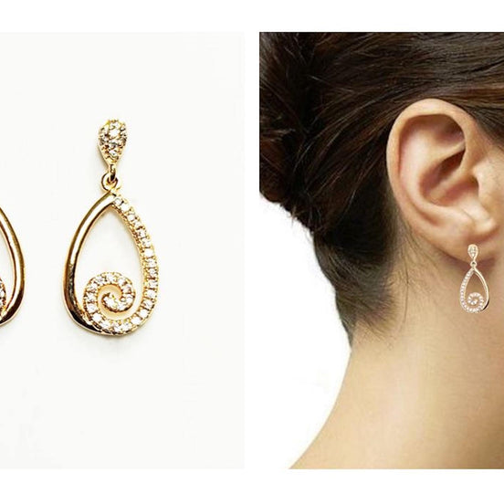 Gold Spiral Teardrop Earrings by KRAMIKE • Luxe Diamond Cz Detailing • Perfect for Glam Nights Out or Bridal Jewelry • Elegant Gift for Her