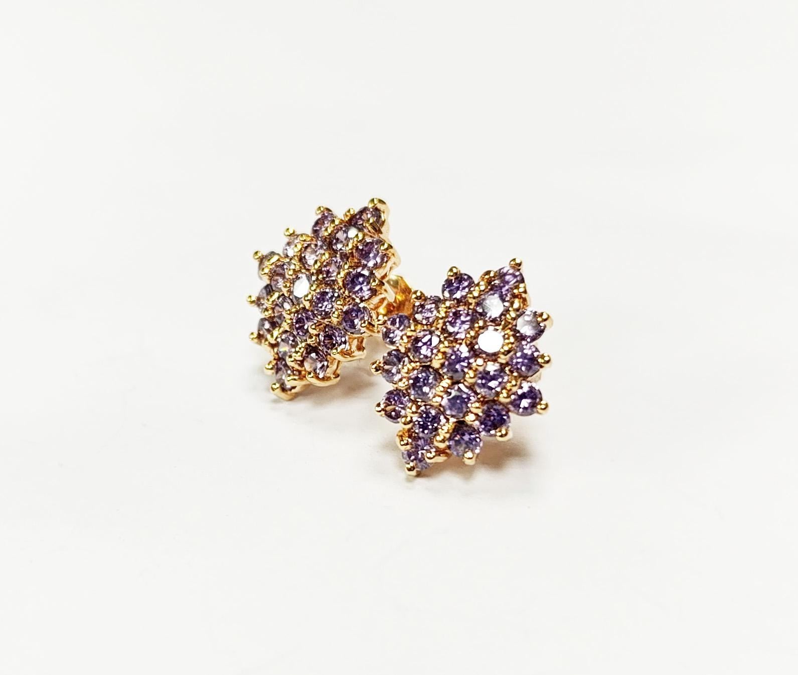 Radiant Amethyst Studs Cluster Earrings • 18K Gold Plated Purple Cz Stones • Perfect Gift for Her • Statement Jewelry for Special Occasion