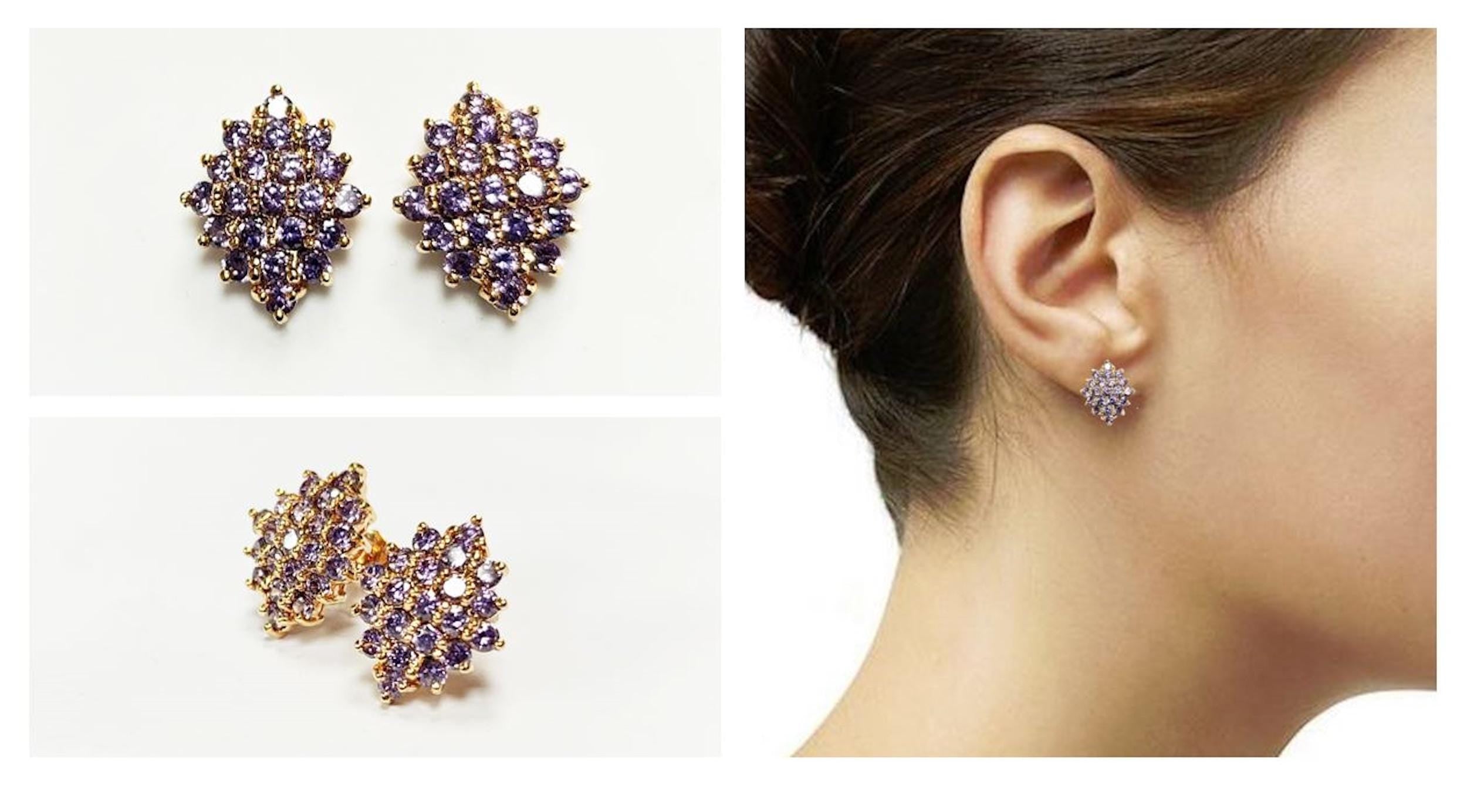 Radiant Amethyst Studs Cluster Earrings • 18K Gold Plated Purple Cz Stones • Perfect Gift for Her • Statement Jewelry for Special Occasion