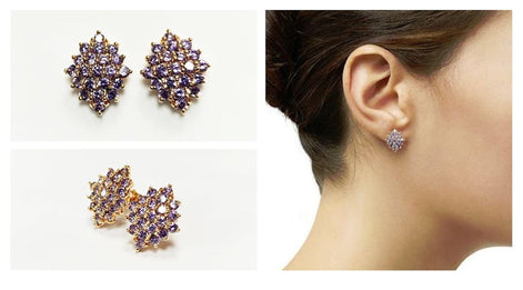 Radiant Amethyst Studs Cluster Earrings • 18K Gold Plated Purple Cz Stones • Perfect Gift for Her • Statement Jewelry for Special Occasion
