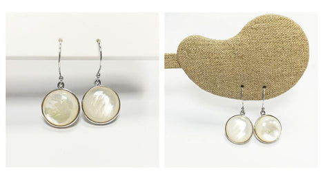 White Round Earrings, Sterling silver & MOP, Natural White Mother of Pearl Shell, Geometric Minimalist Design Stone Jewelry, Woman Gift