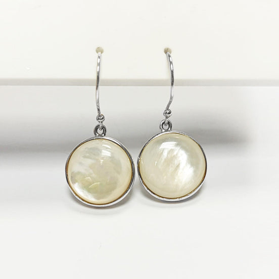 White Round Earrings, Sterling silver & MOP, Natural White Mother of Pearl Shell, Geometric Minimalist Design Stone Jewelry, Woman Gift
