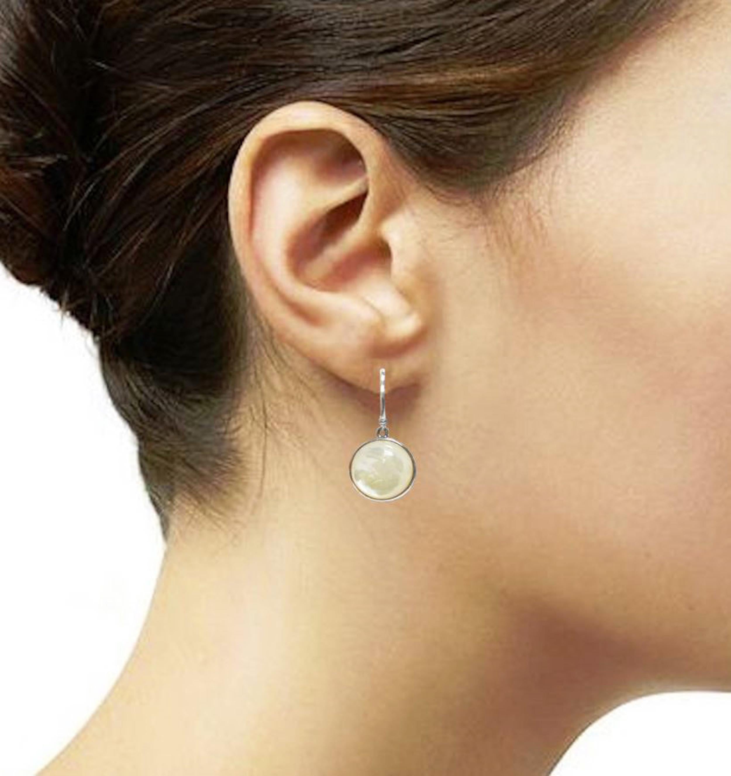 White Round Earrings, Sterling silver & MOP, Natural White Mother of Pearl Shell, Geometric Minimalist Design Stone Jewelry, Woman Gift