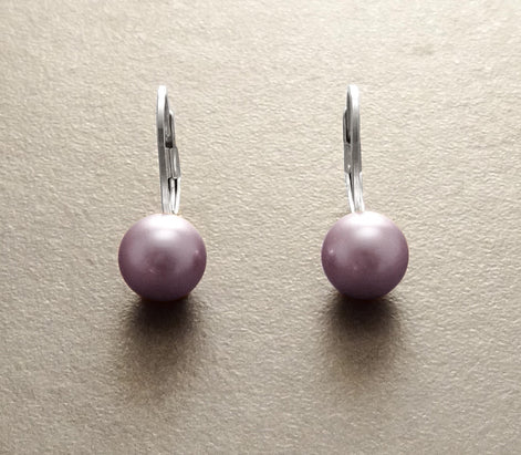 8 mm GENUINE Purple Shell Pearl Earrings, Sterling Silver, Lever Back Earrings, Minimalist, Pearl Jewelry, Prom, Wedding, Bridesmaids Gifts