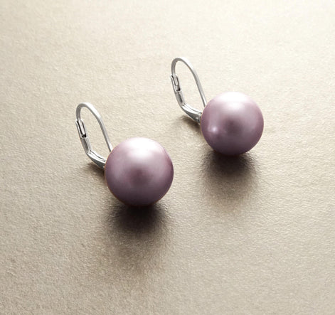 Purple Earrings, Sterling Silver, GENUINE Shell Pearl Jewelry, Lever Back Earrings, Minimalist 10 mm Balls, Prom, Wedding, Bridesmaids Gifts