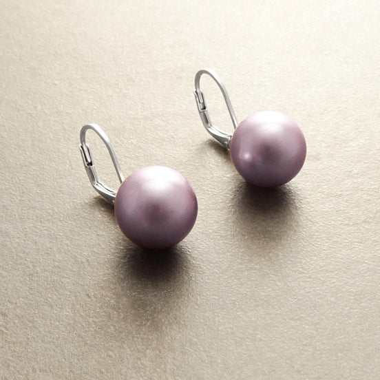 Purple Earrings, Sterling Silver, GENUINE Shell Pearl Jewelry, Lever Back Earrings, Minimalist 10 mm Balls, Prom, Wedding, Bridesmaids Gifts