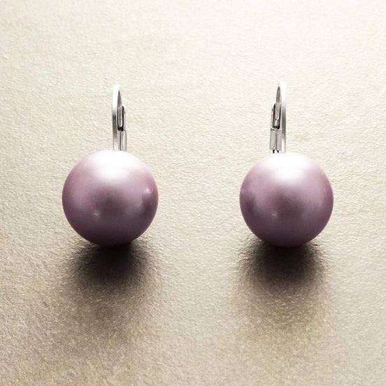 Purple Earrings, Sterling Silver, GENUINE Shell Pearl Jewelry, Lever Back Earrings, Minimalist 10 mm Balls, Prom, Wedding, Bridesmaids Gifts