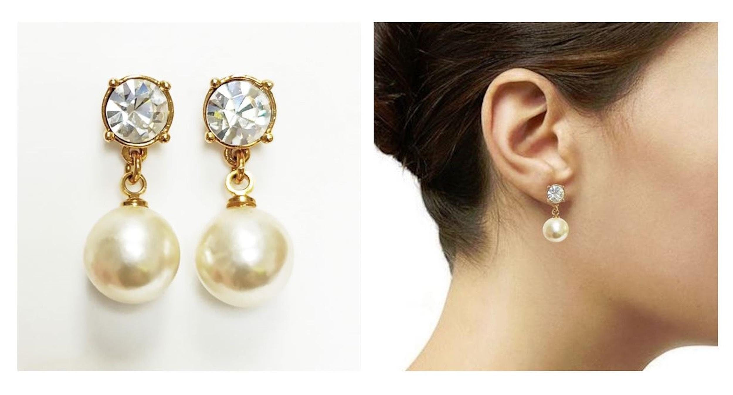 Elegant Crystal and Pearl Drop Earrings by KRAMIKE • 18K Gold-Plated • 10MM Pearl Jewelry.