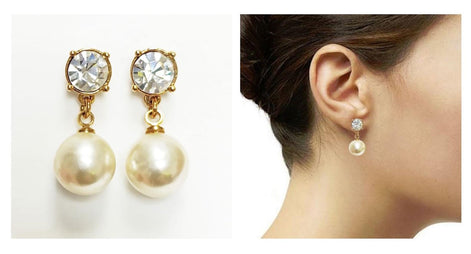 Elegant Crystal and Pearl Drop Earrings by KRAMIKE • 18K Gold-Plated • 10MM Pearl Jewelry.