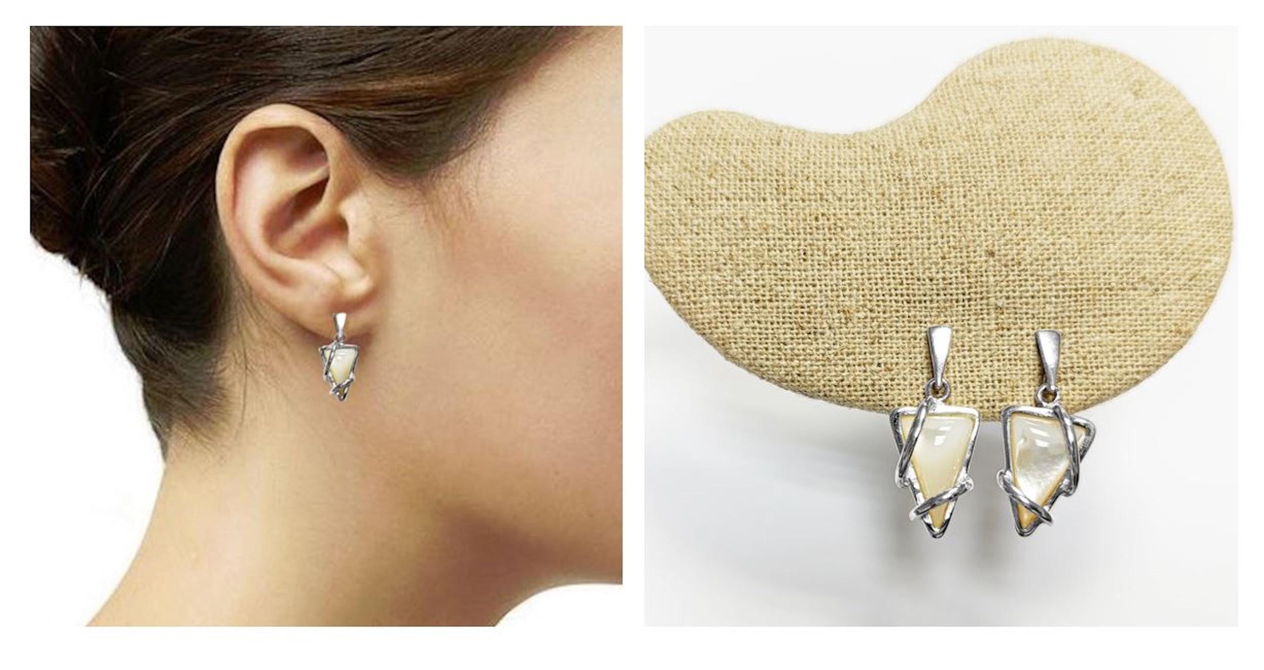 Mother of Pearl Pendant & Earrings Set by KRAMIKE • Sterling Silver with Geometric Design • Perfect for Elegant Daily Wear or Gifting •KS048