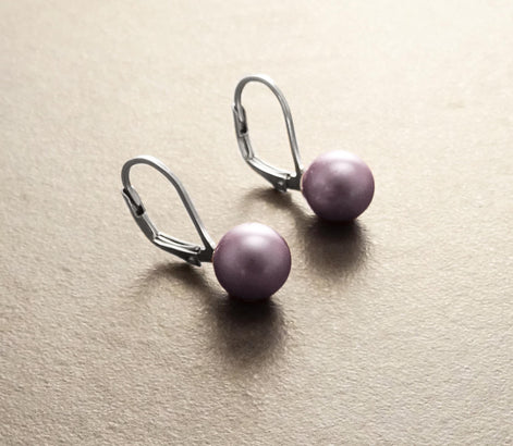 8 mm GENUINE Purple Shell Pearl Earrings, Sterling Silver, Lever Back Earrings, Minimalist, Pearl Jewelry, Prom, Wedding, Bridesmaids Gifts