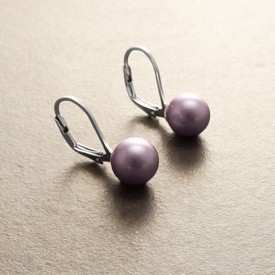 8 mm GENUINE Purple Shell Pearl Earrings, Sterling Silver, Lever Back Earrings, Minimalist, Pearl Jewelry, Prom, Wedding, Bridesmaids Gifts