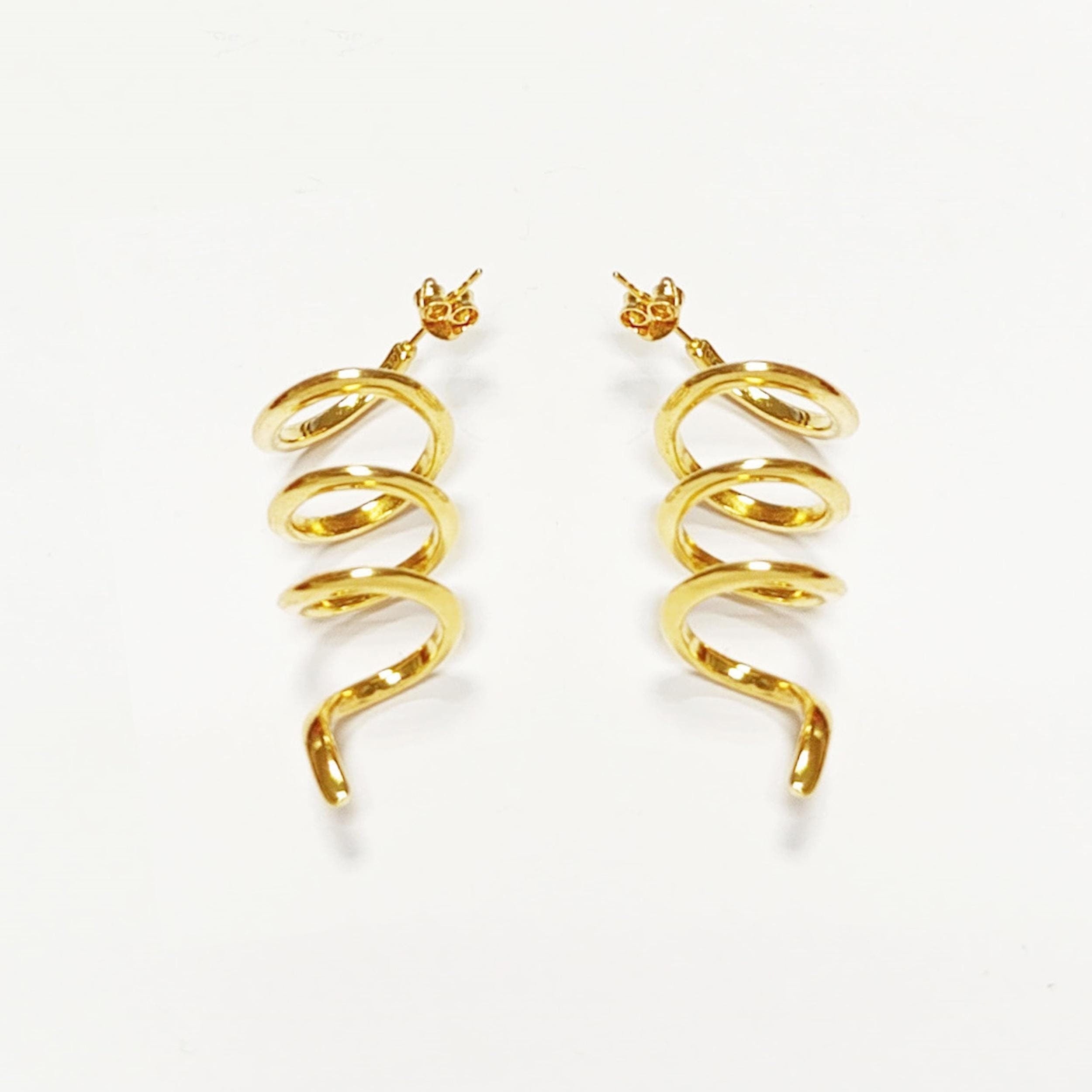 Drop Spiral earrings golden with 18K genuine gold plated, Long Spiral, Swirl Earrings, Dangle pendant earrings, Long Dangle Earrings Plated