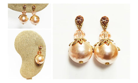 Peach Drop Pearl & Crystal Earrings by KRAMIKE • Apricot Color Pearls • 18K Gold Plated Studs • Ideal for a Wedding, Party, or Gift for Her