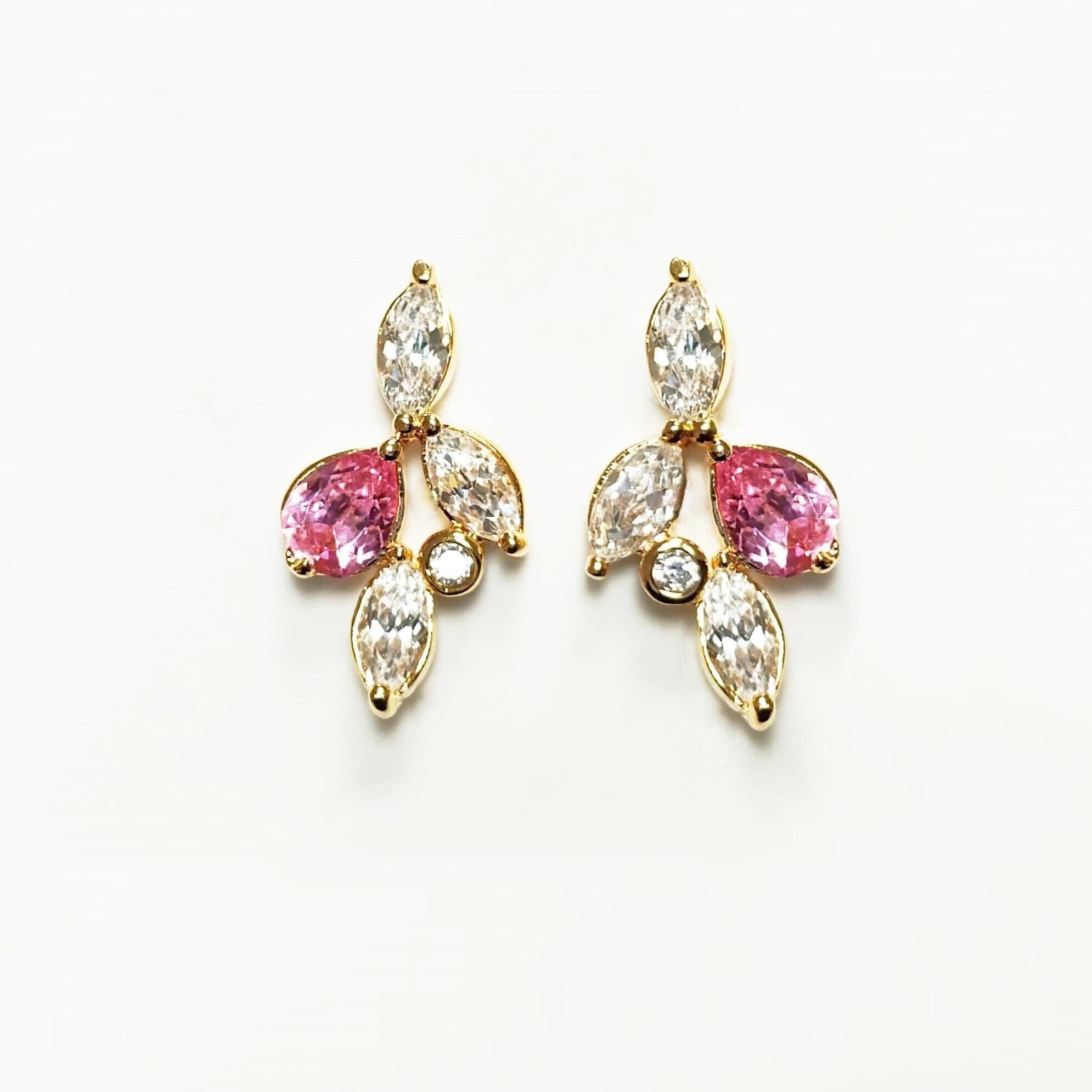 Gold-Plated Floral Earrings • Pink & Clear CZ Stones • Bridal Statement Jewelry