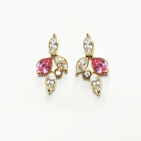 Gold-Plated Floral Earrings • Pink & Clear CZ Stones • Bridal Statement Jewelry