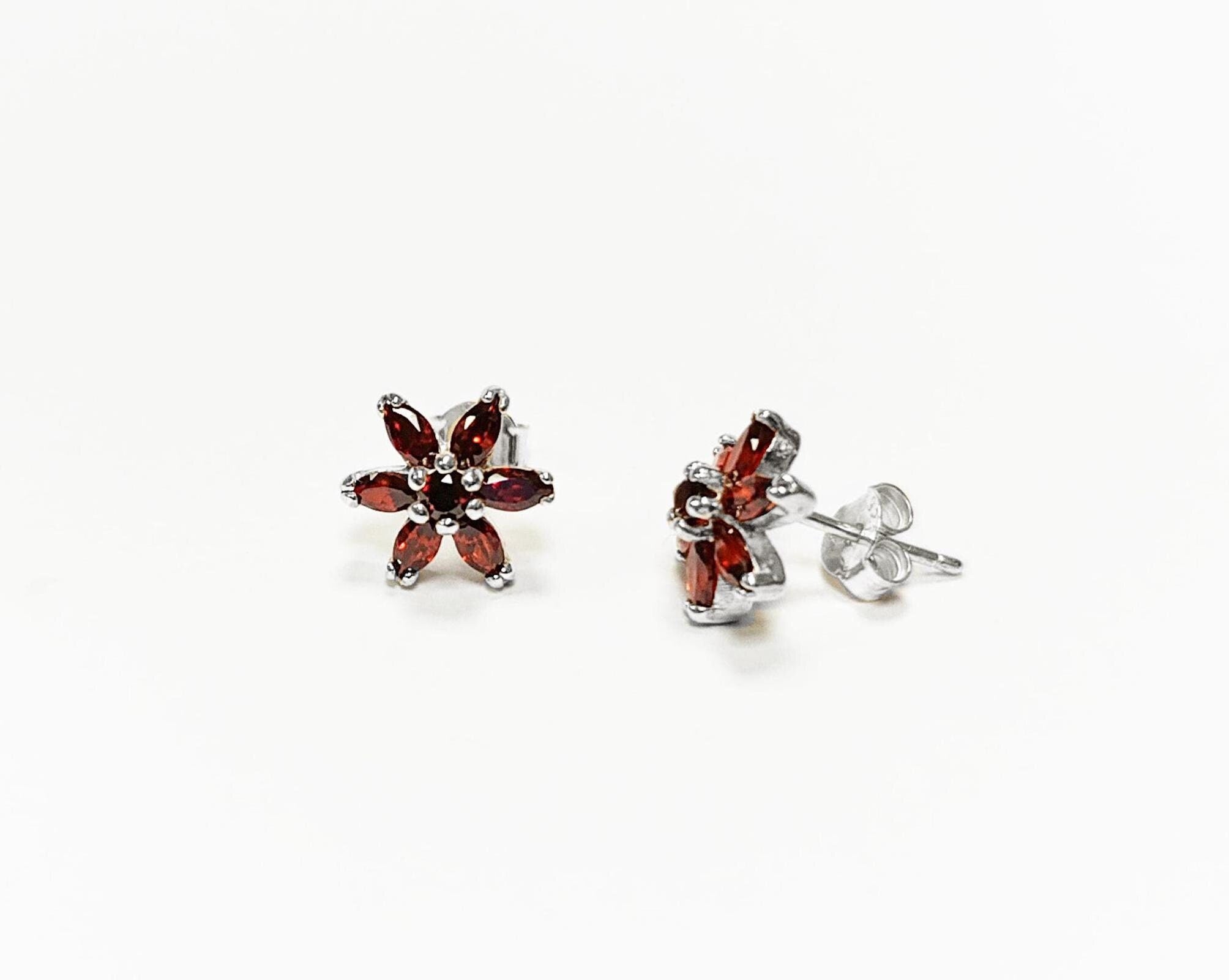 Red Flower Earrings, Sterling Silver Dainty Stud Earrings, Garnet Cubic Zircons, Tiny Floral jewelry, Gift for her