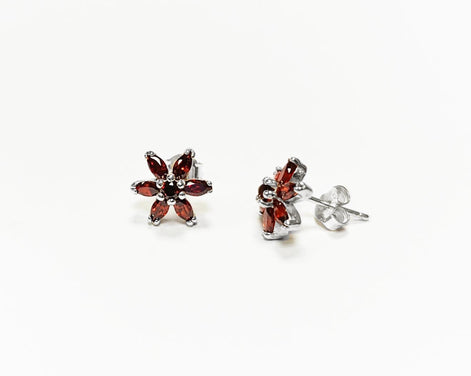 Red Flower Earrings, Sterling Silver Dainty Stud Earrings, Garnet Cubic Zircons, Tiny Floral jewelry, Gift for her