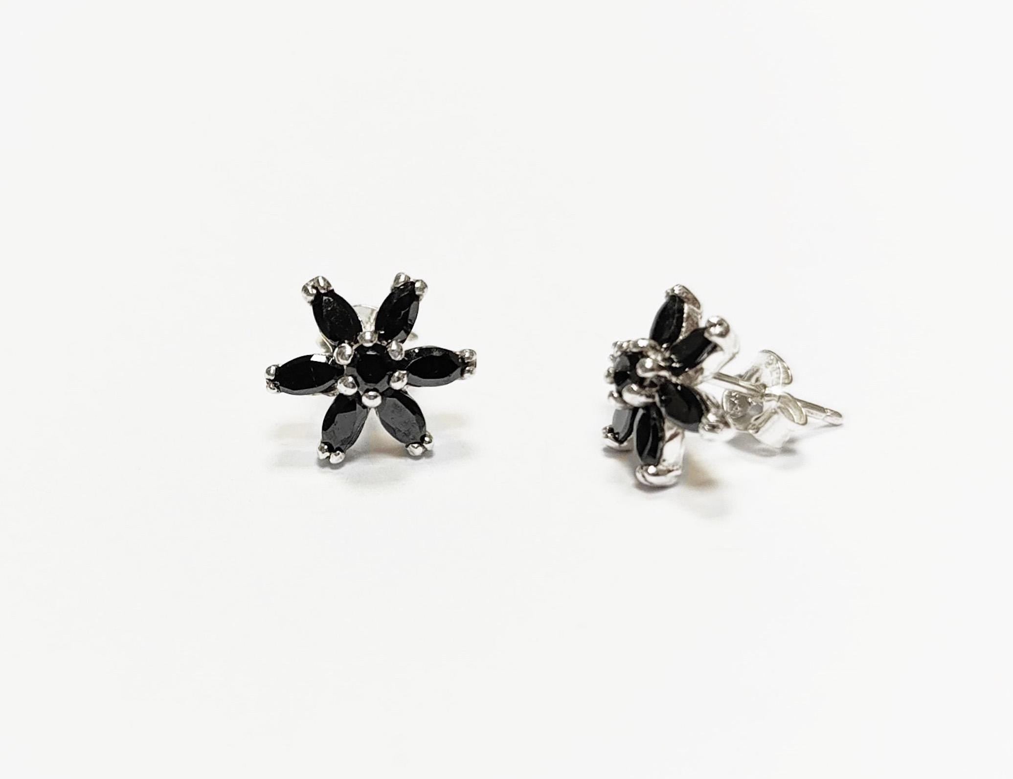 Black Classic Flower Stud Earrings, Sterling Silver Dainty Flowers Earrings, Black Cubic Zircons, Tiny Floral Flower jewelry, Gift for her