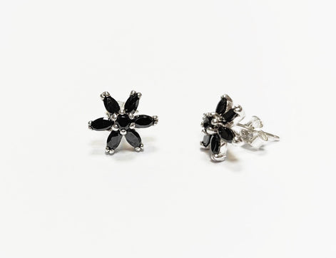 Black Classic Flower Stud Earrings, Sterling Silver Dainty Flowers Earrings, Black Cubic Zircons, Tiny Floral Flower jewelry, Gift for her