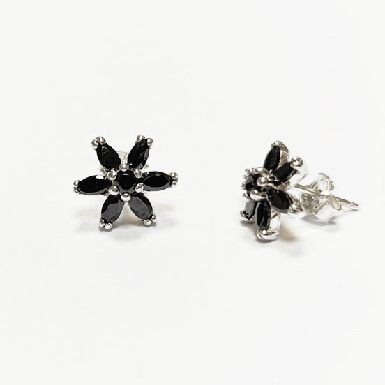 Black Classic Flower Stud Earrings, Sterling Silver Dainty Flowers Earrings, Black Cubic Zircons, Tiny Floral Flower jewelry, Gift for her