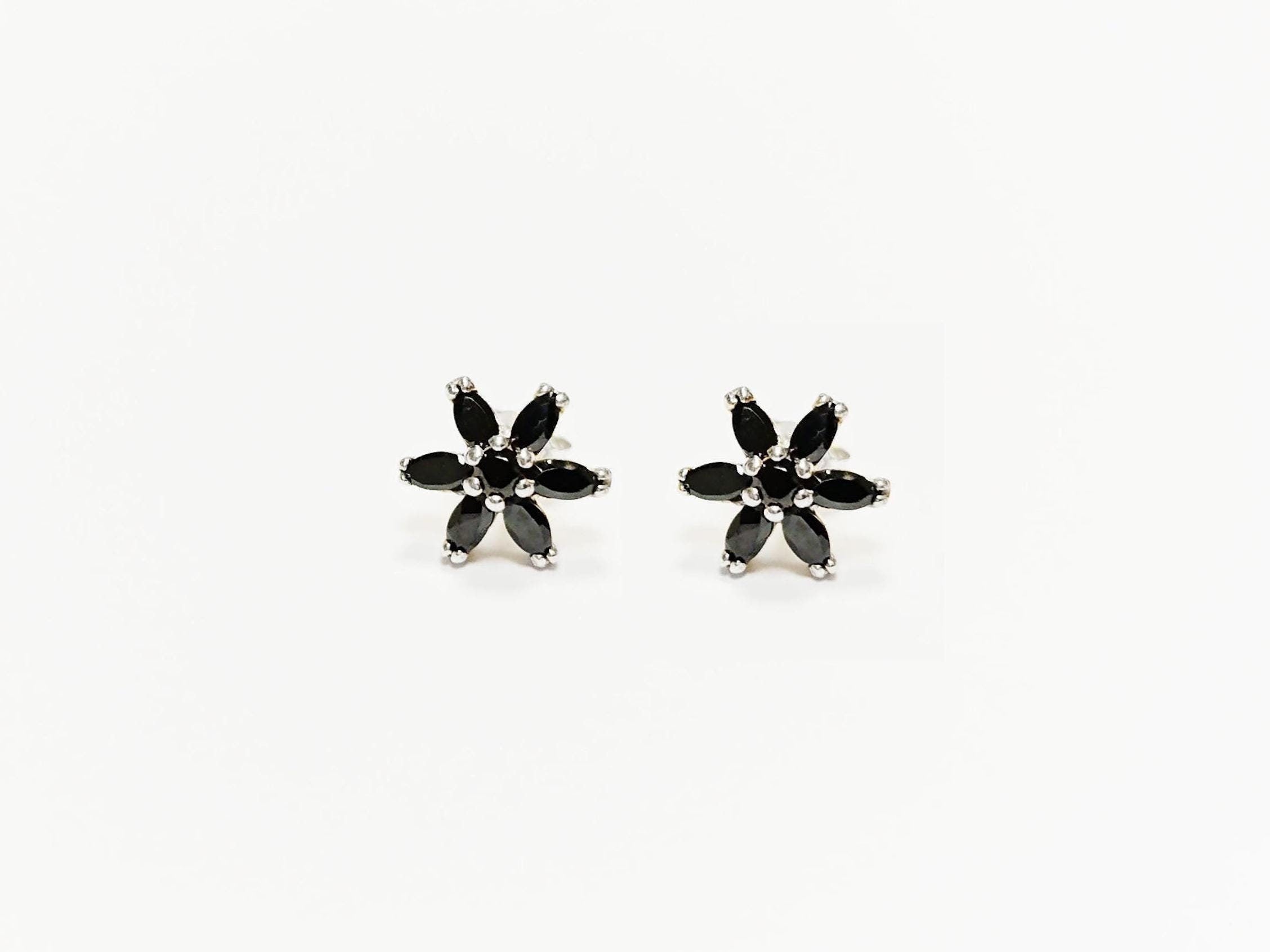 Black Classic Flower Stud Earrings, Sterling Silver Dainty Flowers Earrings, Black Cubic Zircons, Tiny Floral Flower jewelry, Gift for her