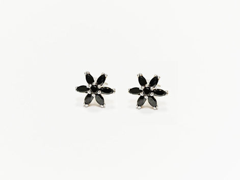 Black Classic Flower Stud Earrings, Sterling Silver Dainty Flowers Earrings, Black Cubic Zircons, Tiny Floral Flower jewelry, Gift for her