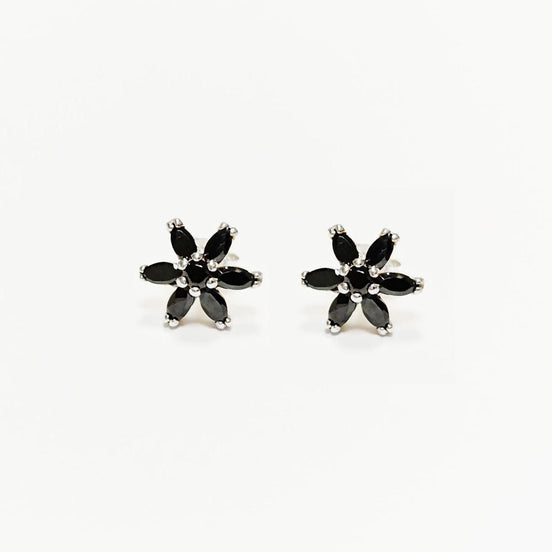 Black Classic Flower Stud Earrings, Sterling Silver Dainty Flowers Earrings, Black Cubic Zircons, Tiny Floral Flower jewelry, Gift for her