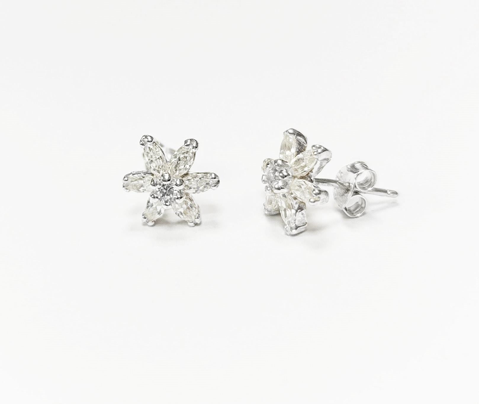 Classic Flower Earrings, Sterling Silver, Dainty Studs, White Color Cz, Tiny Floral jewelry By KRAMIKE