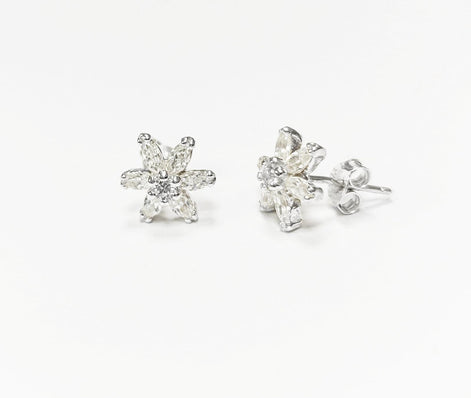 Classic Flower Earrings, Sterling Silver, Dainty Studs, White Color Cz, Tiny Floral jewelry By KRAMIKE