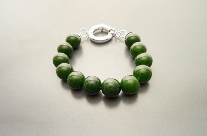 Big Green Agate Ball Bracelet, Sterling Silver Spring Clasp, Genuine Green Agate Stones Balls Beads, Gemstone Beaded 10mm Diameter Green