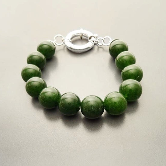 Big Green Agate Ball Bracelet, Sterling Silver Spring Clasp, Genuine Green Agate Stones Balls Beads, Gemstone Beaded 10mm Diameter Green