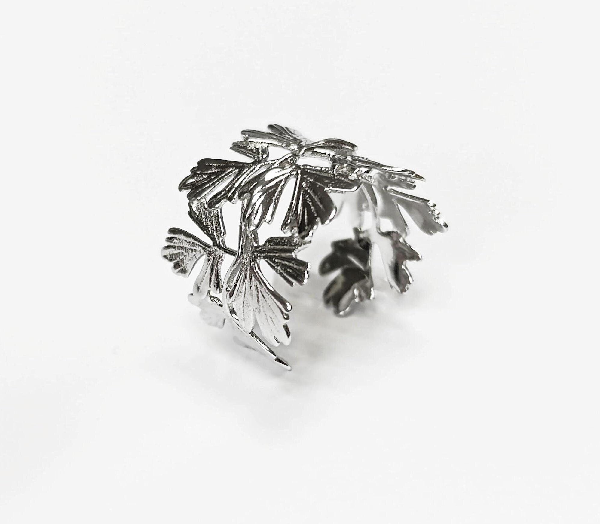 Feuille d'arbre en Bague Argent 925 Bague Ouverte, Bague légèrement réglable.