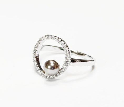 Modern Circle Grey Pearl Ring • Minimalist Sterling Silver Band with Zirconia Halo • Chic Statement Shell Pearl Jewelry • Gift for Women
