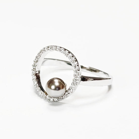 Modern Circle Grey Pearl Ring • Minimalist Sterling Silver Band with Zirconia Halo • Chic Statement Shell Pearl Jewelry • Gift for Women