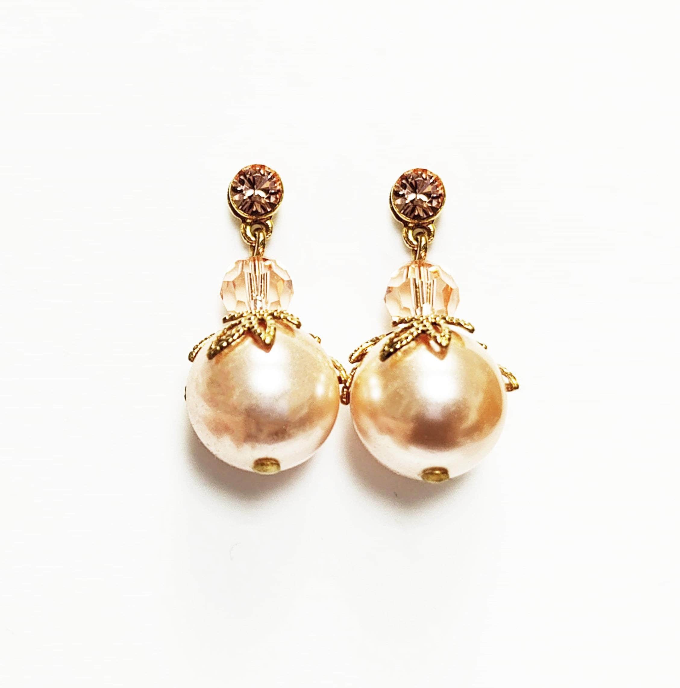 Peach Drop Pearl & Crystal Earrings by KRAMIKE • Apricot Color Pearls • 18K Gold Plated Studs • Ideal for a Wedding, Party, or Gift for Her