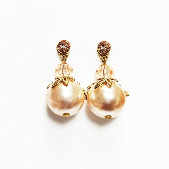 Peach Drop Pearl & Crystal Earrings by KRAMIKE • Apricot Color Pearls • 18K Gold Plated Studs • Ideal for a Wedding, Party, or Gift for Her