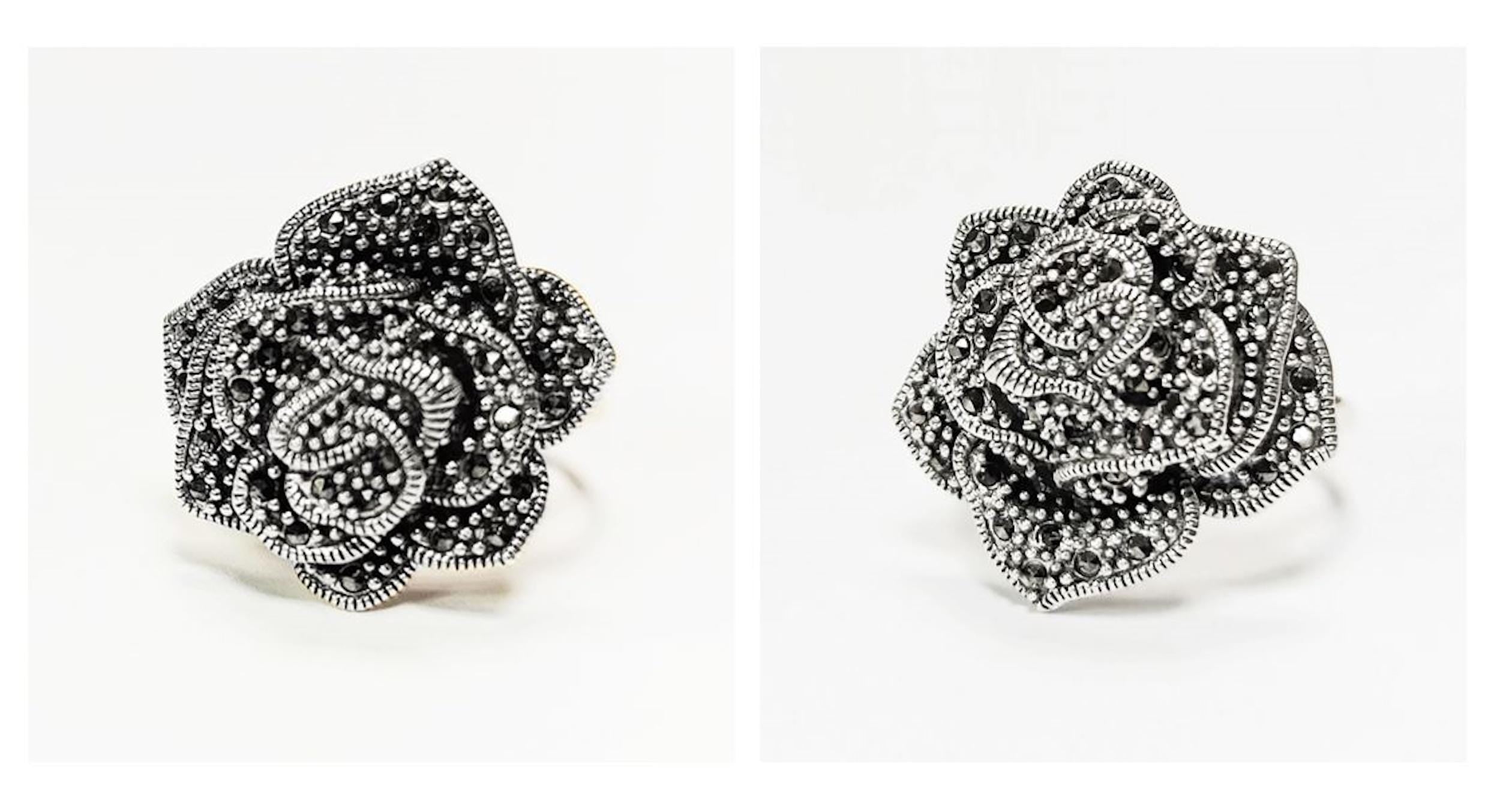 Vintage Rose Ring, Sterling Silver, Natural Marcasite Gray Stones Jewelry, Vintage Romantic Rose Flower Blossom, Bold Antique Design Gift