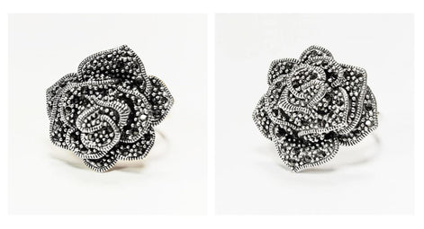 Vintage Rose Ring, Sterling Silver, Natural Marcasite Gray Stones Jewelry, Vintage Romantic Rose Flower Blossom, Bold Antique Design Gift