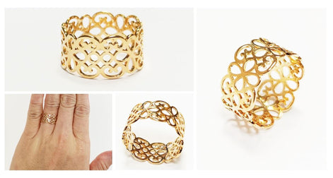 18K Gold Plated Floral Lace Ring • Handmade Filigree Band