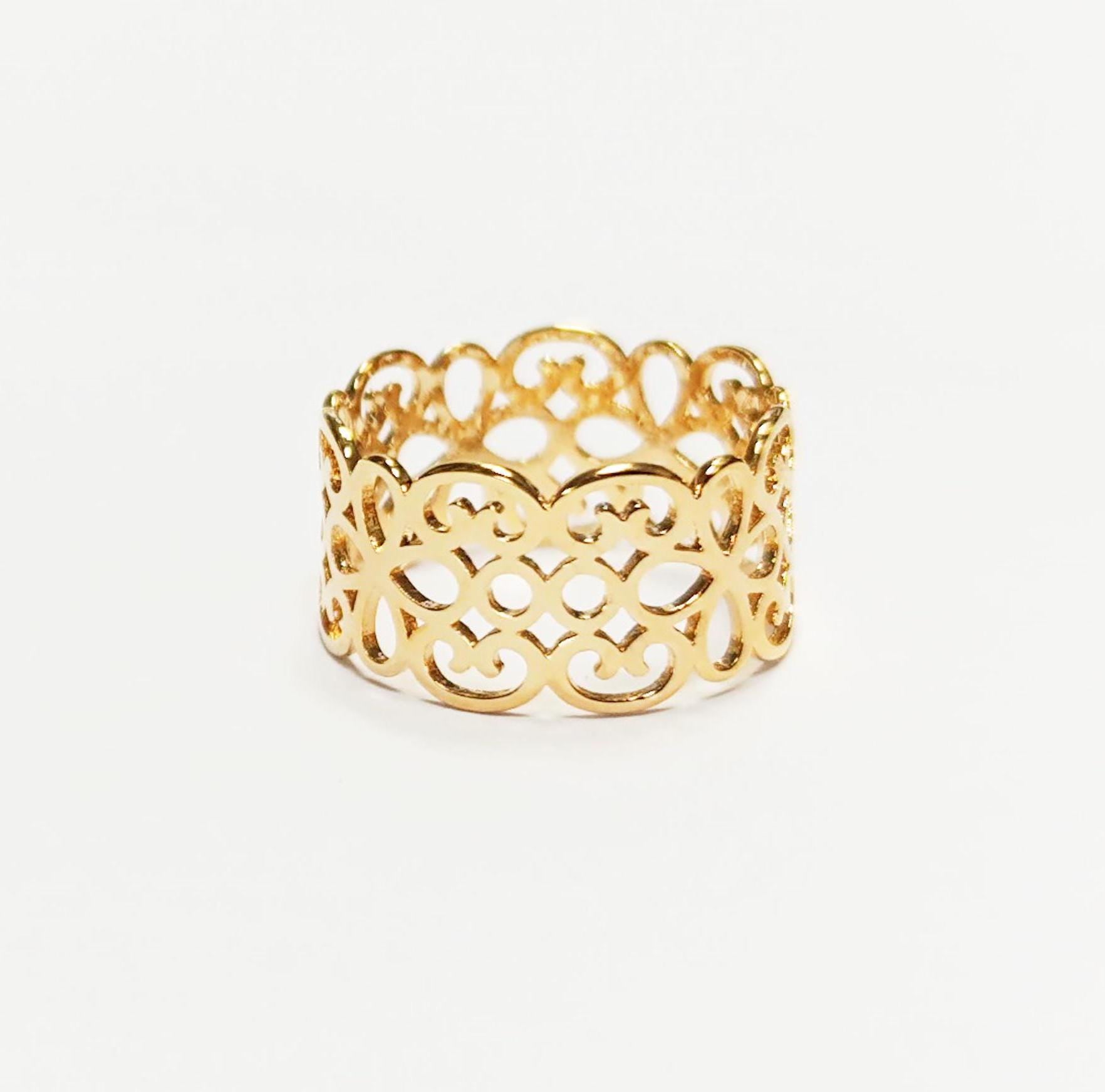 18K Gold Plated Floral Lace Ring • Handmade Filigree Band