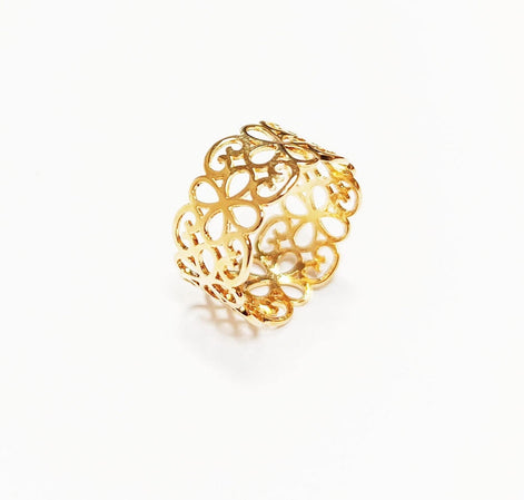 18K Gold Plated Floral Lace Ring • Handmade Filigree Band