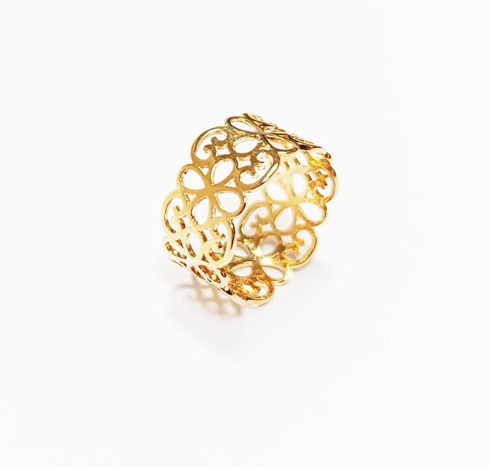 18K Gold Plated Floral Lace Ring • Handmade Filigree Band