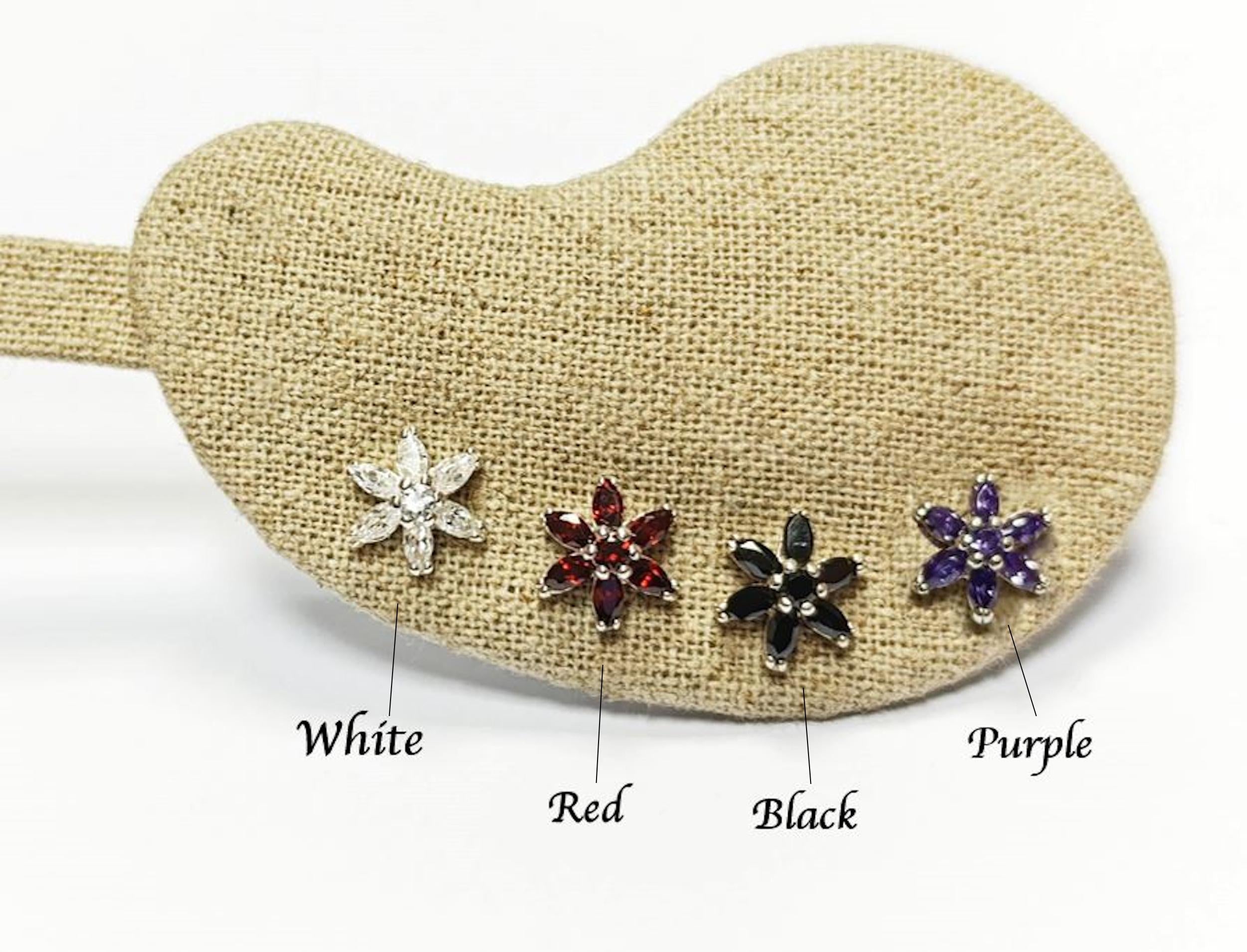 Red Flower Earrings, Sterling Silver Dainty Stud Earrings, Garnet Cubic Zircons, Tiny Floral jewelry, Gift for her