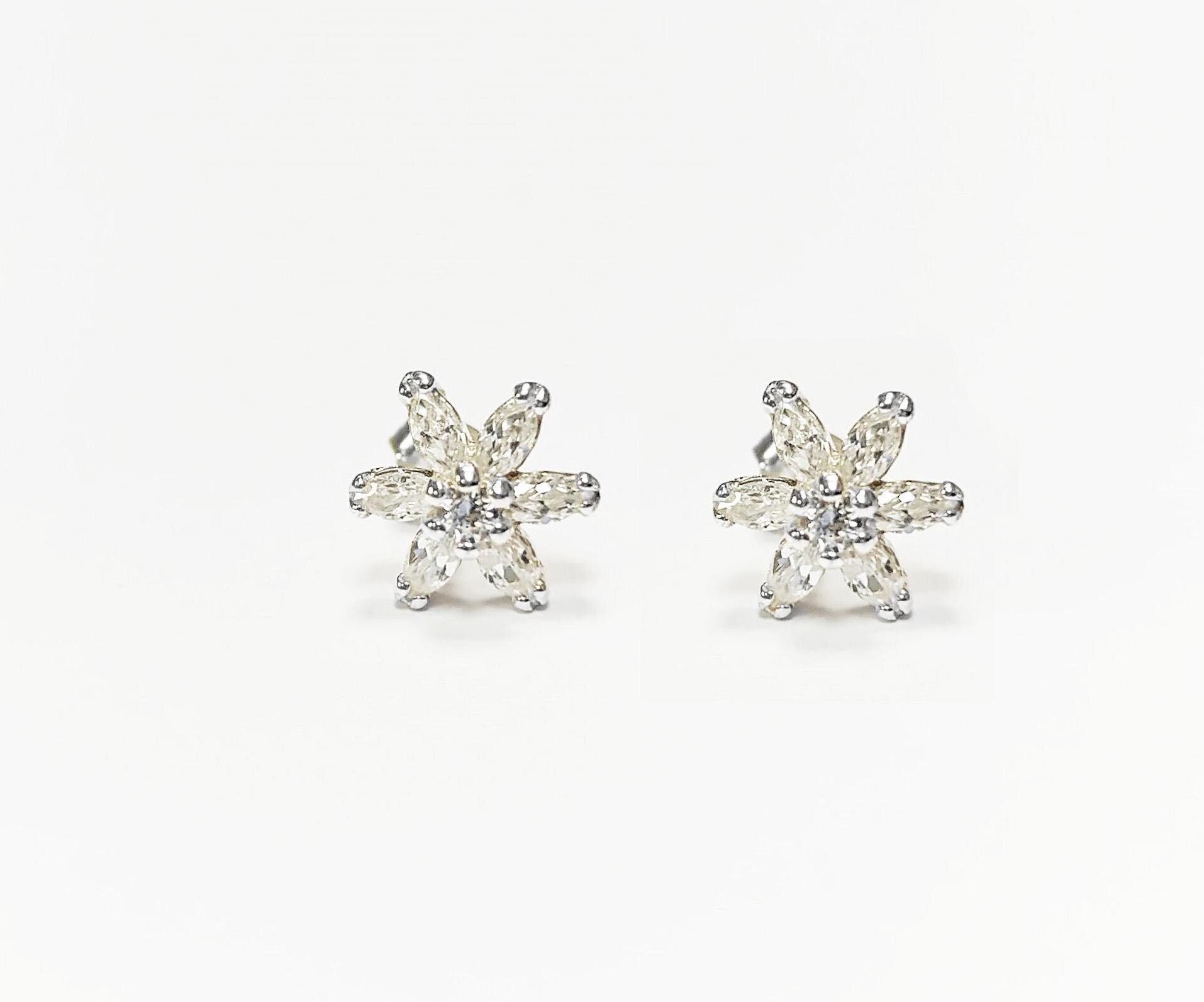 Classic Flower Earrings, Sterling Silver, Dainty Studs, White Color Cz, Tiny Floral jewelry By KRAMIKE