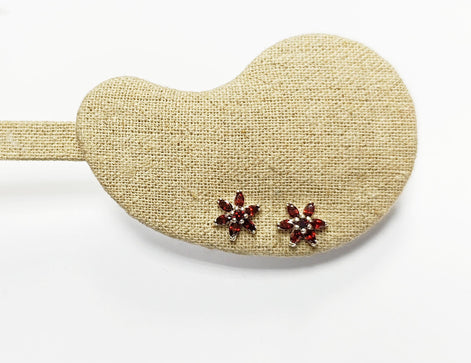 Red Flower Earrings, Sterling Silver Dainty Stud Earrings, Garnet Cubic Zircons, Tiny Floral jewelry, Gift for her